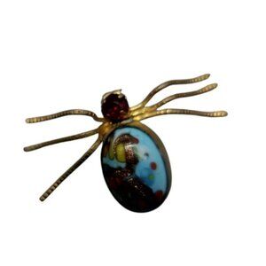 Czechoslovakia Spider Pin Antique Hand Painted Art Glass Body Red Czech Glass